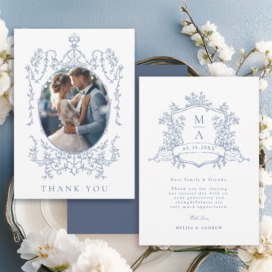 Dusty Blue Classic Floral Frame Wedding Photo      サンキューカード