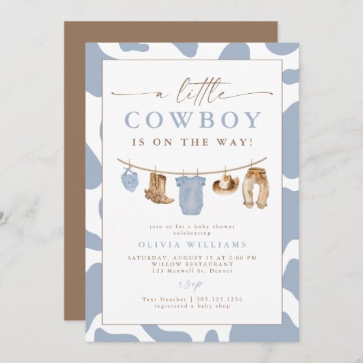 Dusty Blue Clothesline Little Cowboy Baby Shower 招待状 (正面/裏面)