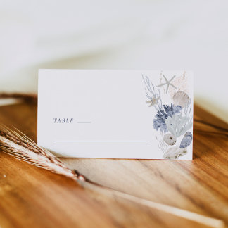 Dusty Blue Coastal Shell Wedding Place Card Side プレイスカード