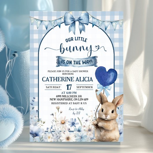Dusty Blue Coquette Little Bunny Baby Shower 招待状