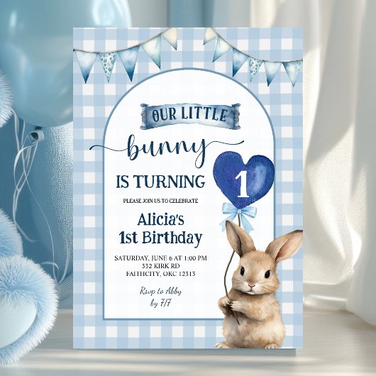 Dusty Blue Coquette Little Bunny Floral Birthday 招待状