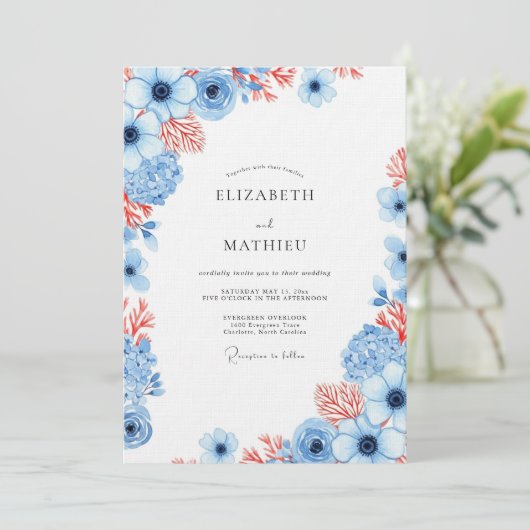 Dusty Blue Coral Bloom Wedding 招待状 (スタンド正面)