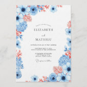 Dusty Blue Coral Bloom Wedding 招待状 (正面)
