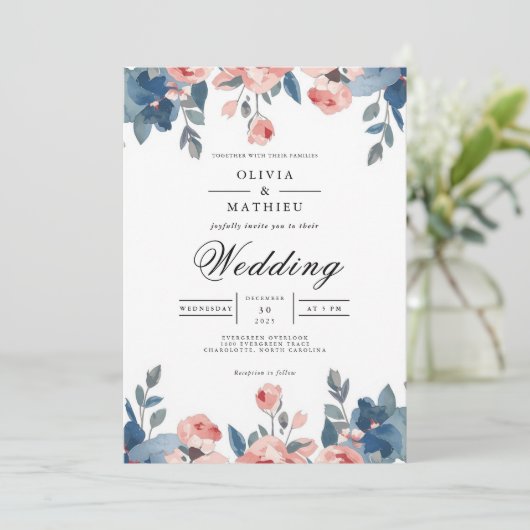 Dusty Blue & Coral Floral Romance Wedding 招待状 (スタンド正面)