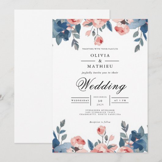 Dusty Blue & Coral Floral Romance Wedding 招待状 (正面/裏面)