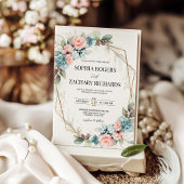 Dusty Blue Coral Pink Floral Geometric Wedding  招待状