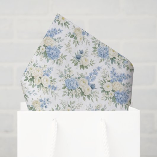 Dusty Blue Cream Florals Wedding Bridal Shower 薄葉紙 (ギフトバッグ)