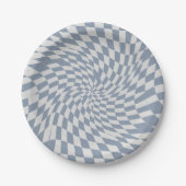 Dusty Blue & Cream Warped Checkered Swirl Hypnotic ペーパープレート (正面)
