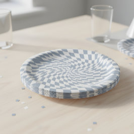 Dusty Blue & Cream Warped Checkered Swirl Hypnotic ペーパープレート