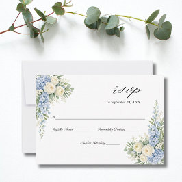 Dusty Blue Cream Watercolor Florals Roses Wedding 出欠カード