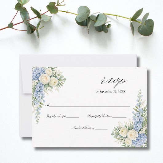 Dusty Blue Cream Watercolor Florals Roses Wedding  出欠カード