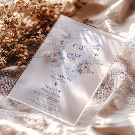 Dusty Blue Crest Floral Wedding アクリル招待状
