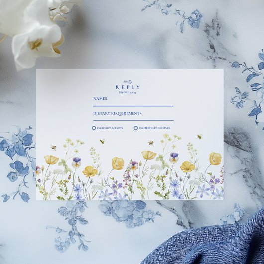 Dusty Blue Crest Floral Wedding 出欠カード