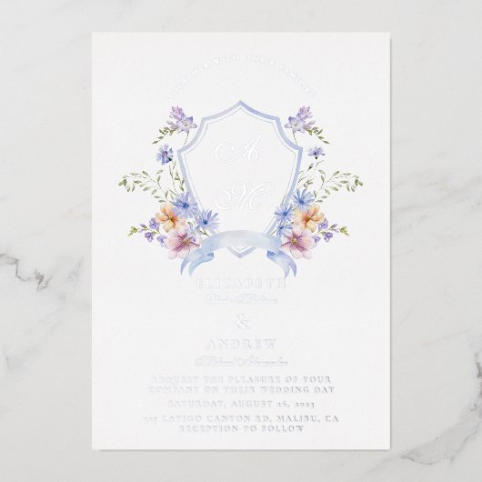 Dusty Blue Crest Floral Wedding 箔招待状 (正面)