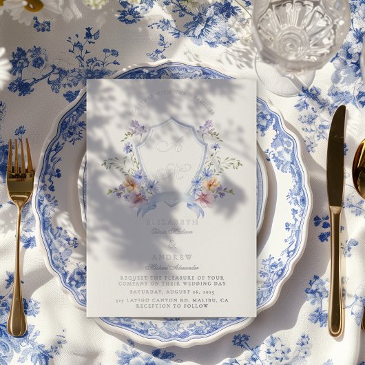 Dusty Blue Crest Floral Wedding 箔招待状