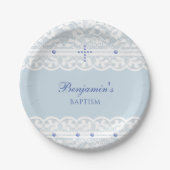 Dusty Blue Cross Christening Christian Baptism ペーパープレート (正面)