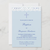 Dusty Blue Cross Christening Christian Baptism 招待状 (正面)