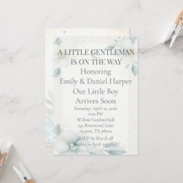 Dusty Blue Daffodil Baby Boy Shower Invitation 招待状