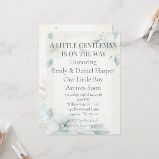 Dusty Blue Daffodil Baby Boy Shower Invitation 招待状