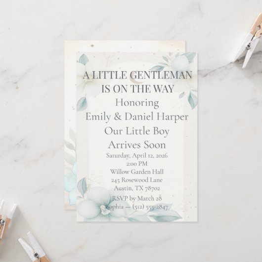 Dusty Blue Daffodil Baby Boy Shower Invitation 招待状 (正面/裏面インサイチュ)