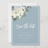 Dusty Blue Delicate Floral Save The Date Card セーブザデート (正面)