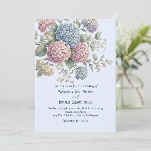 Dusty Blue Delicate Hydrangea Flowers Wedding 招待状 (スタンド正面)