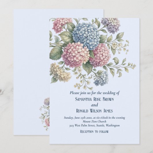 Dusty Blue Delicate Hydrangea Flowers Wedding 招待状 (正面/裏面)