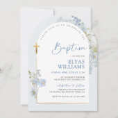 Dusty Blue Delphinium Floral Arched Boy Baptism 招待状 (正面)