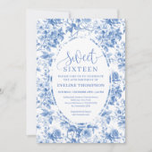 Dusty Blue Digital Floral Sweet 16 Birthday Card 招待状 (正面)