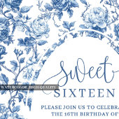 Dusty Blue Digital Floral Sweet 16 Birthday Card 招待状