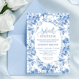 Dusty Blue Digital Floral Sweet 16 Birthday Card 招待状
