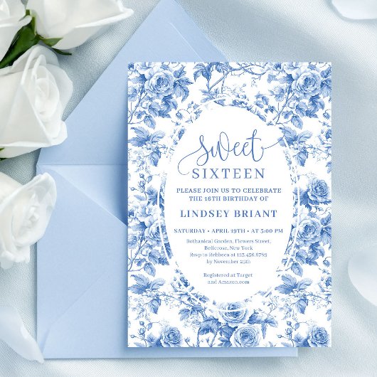Dusty Blue Digital Floral Sweet 16 Birthday Card 招待状