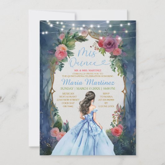Dusty Blue Dress Dark Forest Floral Mis Quince 招待状 (正面)