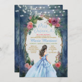Dusty Blue Dress Dark Forest Floral Mis Quince 招待状 (正面/裏面)