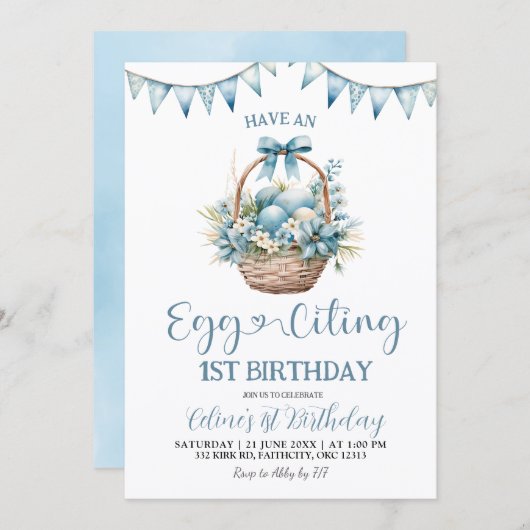 Dusty Blue Eggciting Birthday 招待状 (正面/裏面)