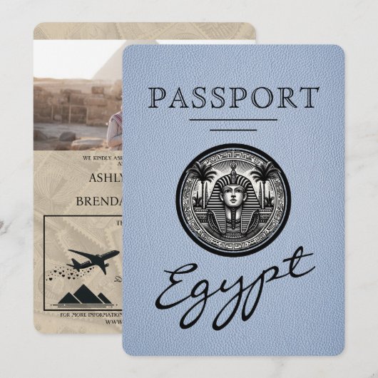 Dusty Blue Egypt Passport Wedding Invitation 招待状 (正面/裏面)