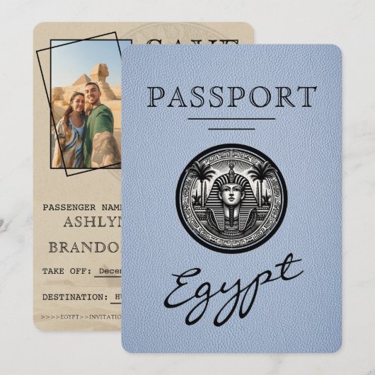 Dusty Blue Egypt Passport Wedding Save the Date セーブザデート (正面/裏面)