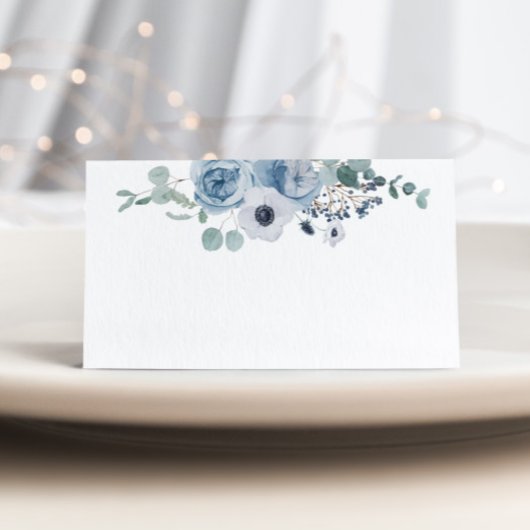 Dusty blue elegant anemone wedding place card