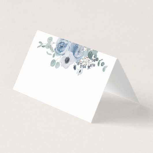 Dusty blue elegant anemone wedding place card (正面)