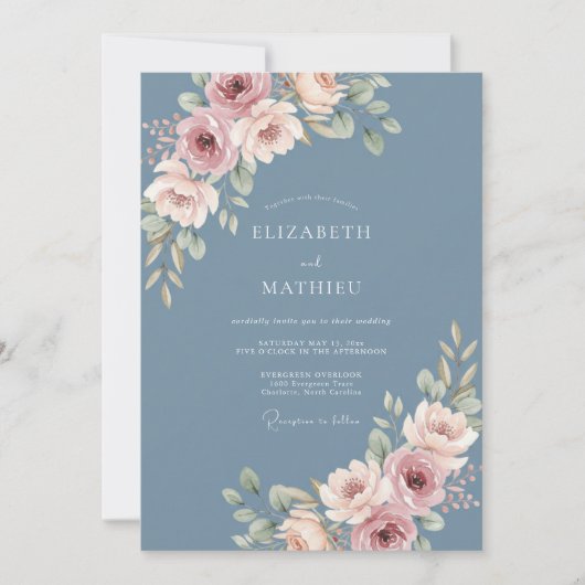 Dusty Blue Elegant Botanical Wedding 招待状 (正面)