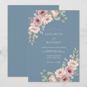 Dusty Blue Elegant Botanical Wedding 招待状 (正面/裏面)