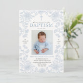 Dusty Blue Elegant Boy Baptism Invitation 招待状 (スタンド正面)