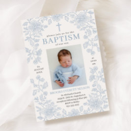 Dusty Blue Elegant Boy Baptism Invitation 招待状