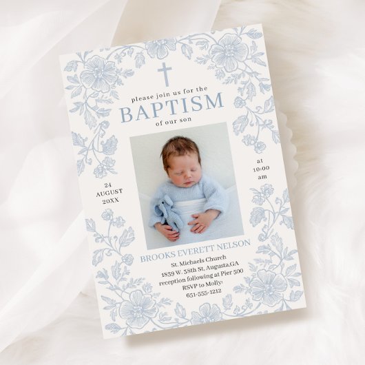 Dusty Blue Elegant Boy Baptism Invitation 招待状