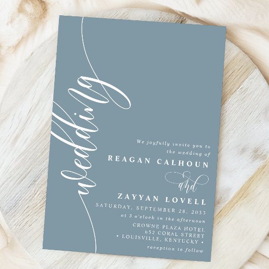 Dusty Blue Elegant Calligraphy Script Wedding 招待状