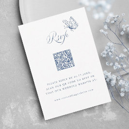 Dusty Blue Elegant Calligraphy Wedding QR Code 出欠カード