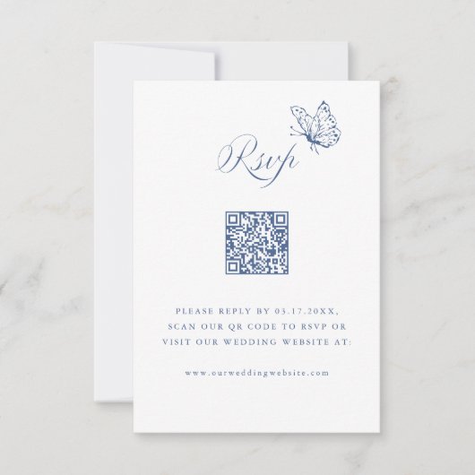 Dusty Blue Elegant Calligraphy Wedding QR Code 出欠カード (正面)