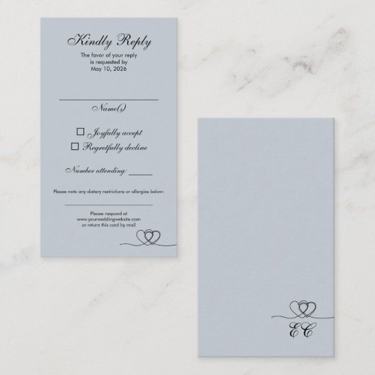 Dusty Blue Elegant Calligraphy Wedding RSVP Card 名刺 (正面/裏面)