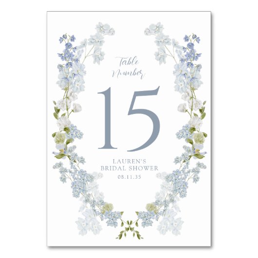 Dusty Blue Elegant Garden Vintage Bridal Shower テーブルナンバー (正面)
