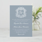 Dusty Blue Elegant Monogram Crest Wedding 招待状 (スタンド正面)